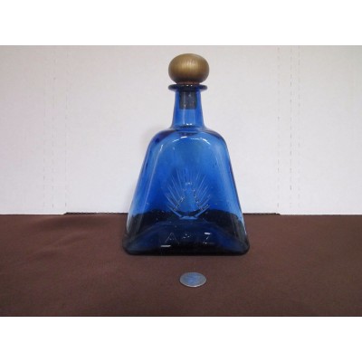 Decorative cobalt blue glass bottle cork stopper raised Lapiz design 7" tall   273365843011